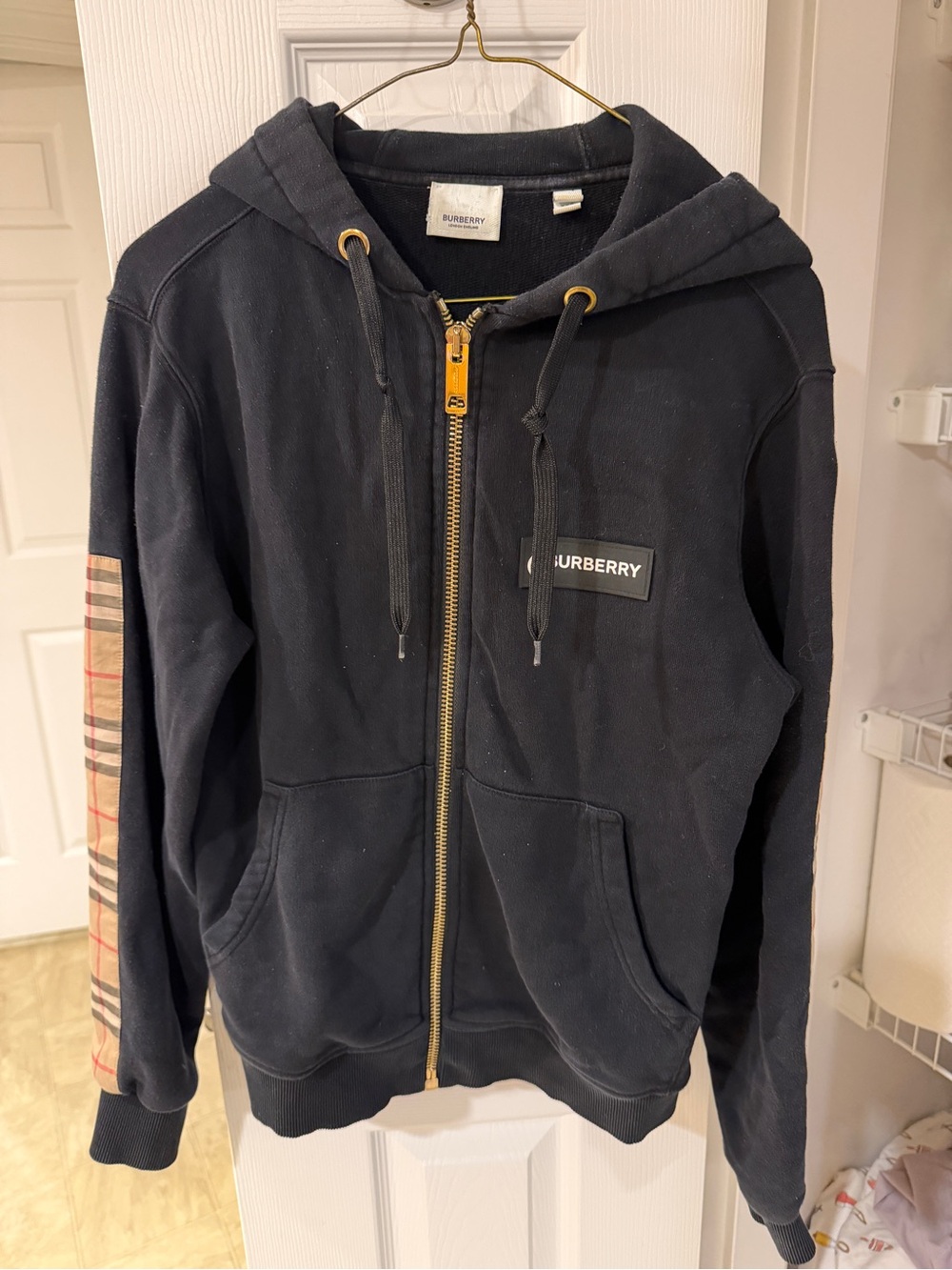 Burberry Black Zip Hooded Sweatshirt with Check Sleeve Accent